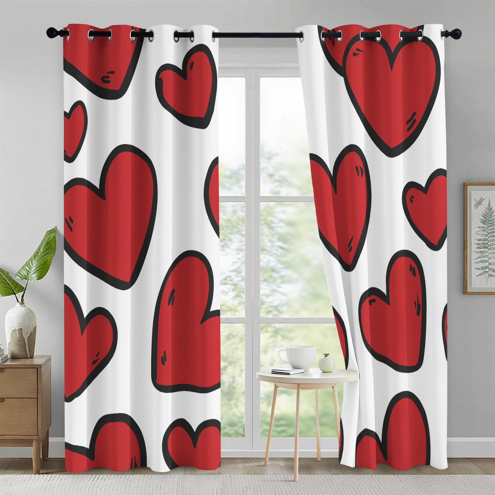 Cartoon Love Heart Blackout Curtains for Bedroom Living Room, Red Heart Curtains Eyelet 90 Drop Home Decor, Patterned Window Drapes, 90x90 Inch 2 Panels B-D30