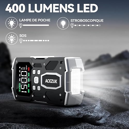 ACEZUK Booster Batterie Voiture 8000A, 150PSI Gonfleur Pneus Voiture, Démarreur avec Compresseur à Air, 12V Jump Starter pour Véhicule(Tout Gaz ou 10L Diesel), 400 Lumens LED - 5