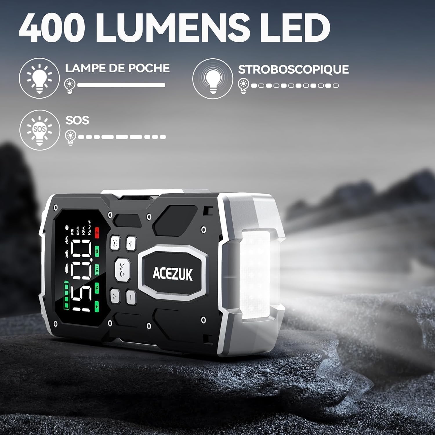 ACEZUK Booster Batterie Voiture 9000A, 150PSI Gonfleur Pneus Voiture, Démarreur avec Compresseur à Air, 12V Jump Starter pour Véhicule(Tout Gaz ou 10L Diesel), 400 Lumens LED