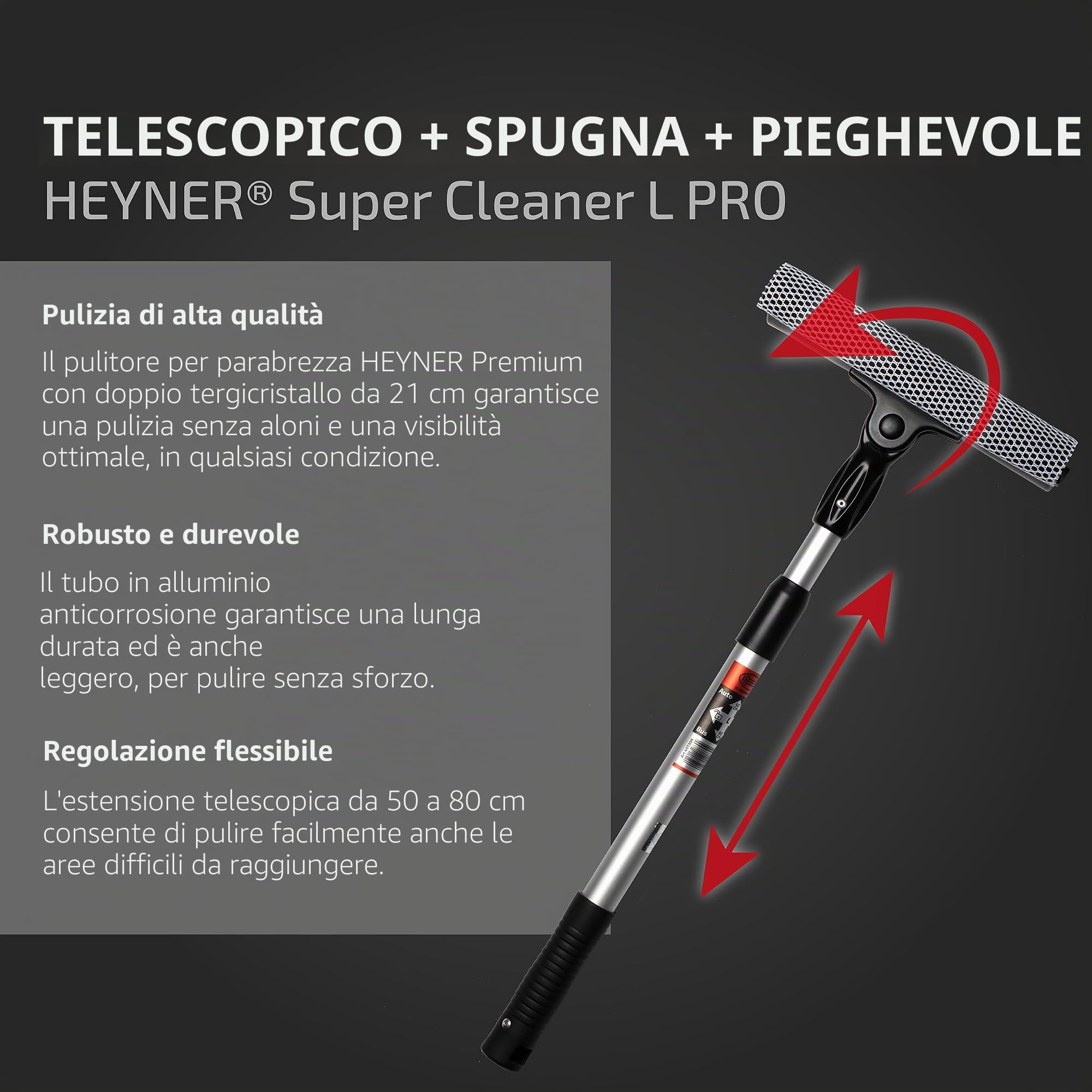 HEYNER® Premium detergente per parabrezza alluminio L 20x80 pieghevole + telescopico detergente per vetri auto tergivetro tergivetro alluminio telescopico + spugna + pieghevole