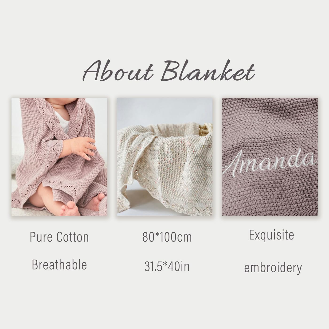 REEG Copertina per Neonato Lavorata A Maglia Personalizzata，Coperta con Nome Ricamato，Coperta per Passeggino in Maglia di Cotone (Grey Pink,Embroidered Name)