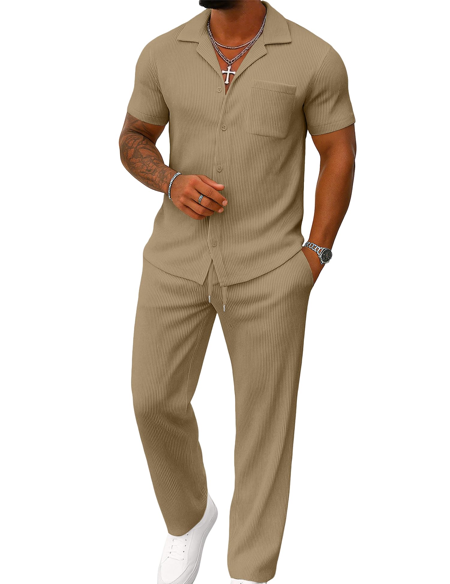 UOUA Herren Sommer 2-teiliges Set Kurzarm Hemd & lockere Hose Lässiges Strandurlaub-Outfit mit Streifen-Optik