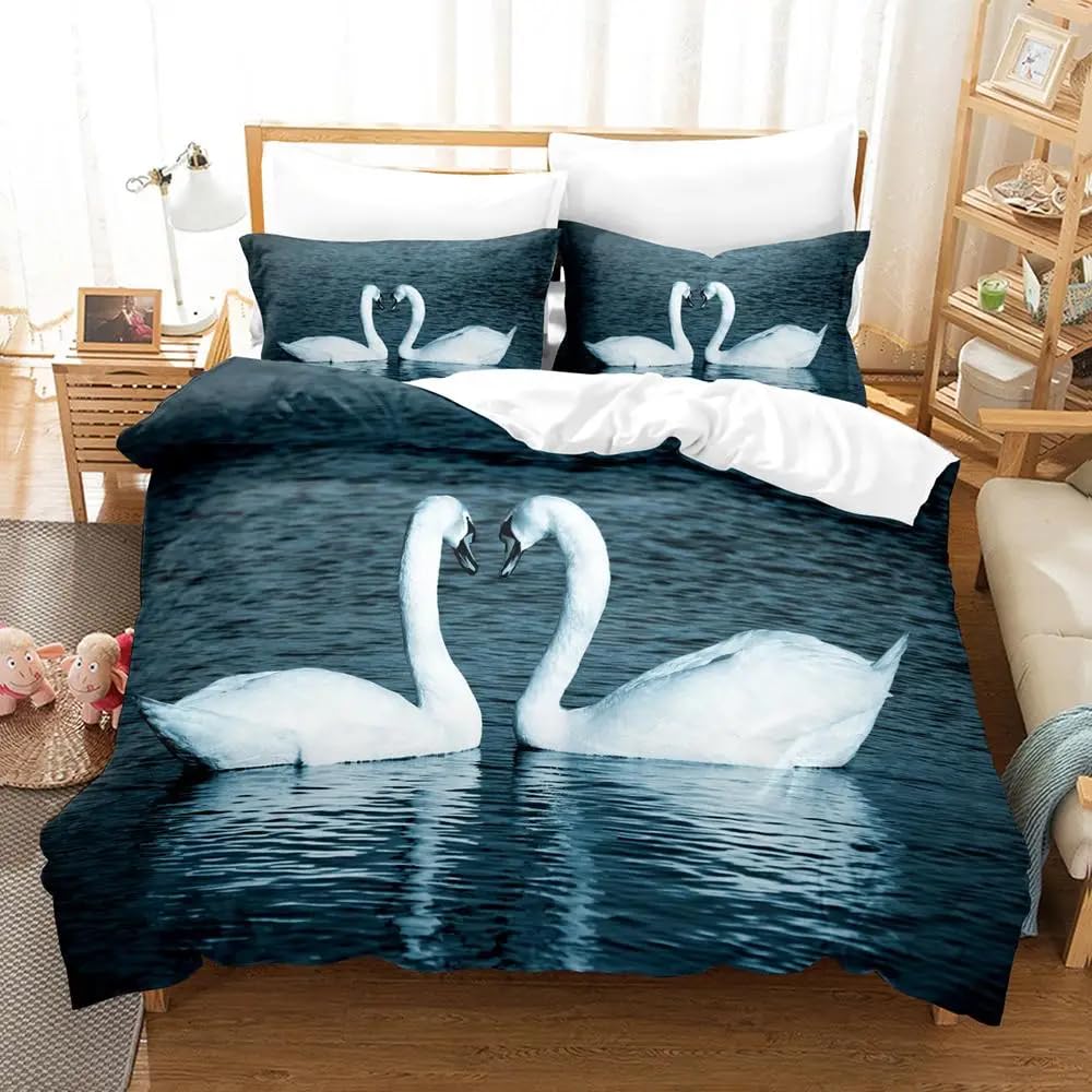 QBIDCSX Bedding Double Duvet Set White swan Bedding Double Bed Set - Microfibre Quilt Cover 230x220 cm - Comforter Cover with 2 Pillowcases(Double)
