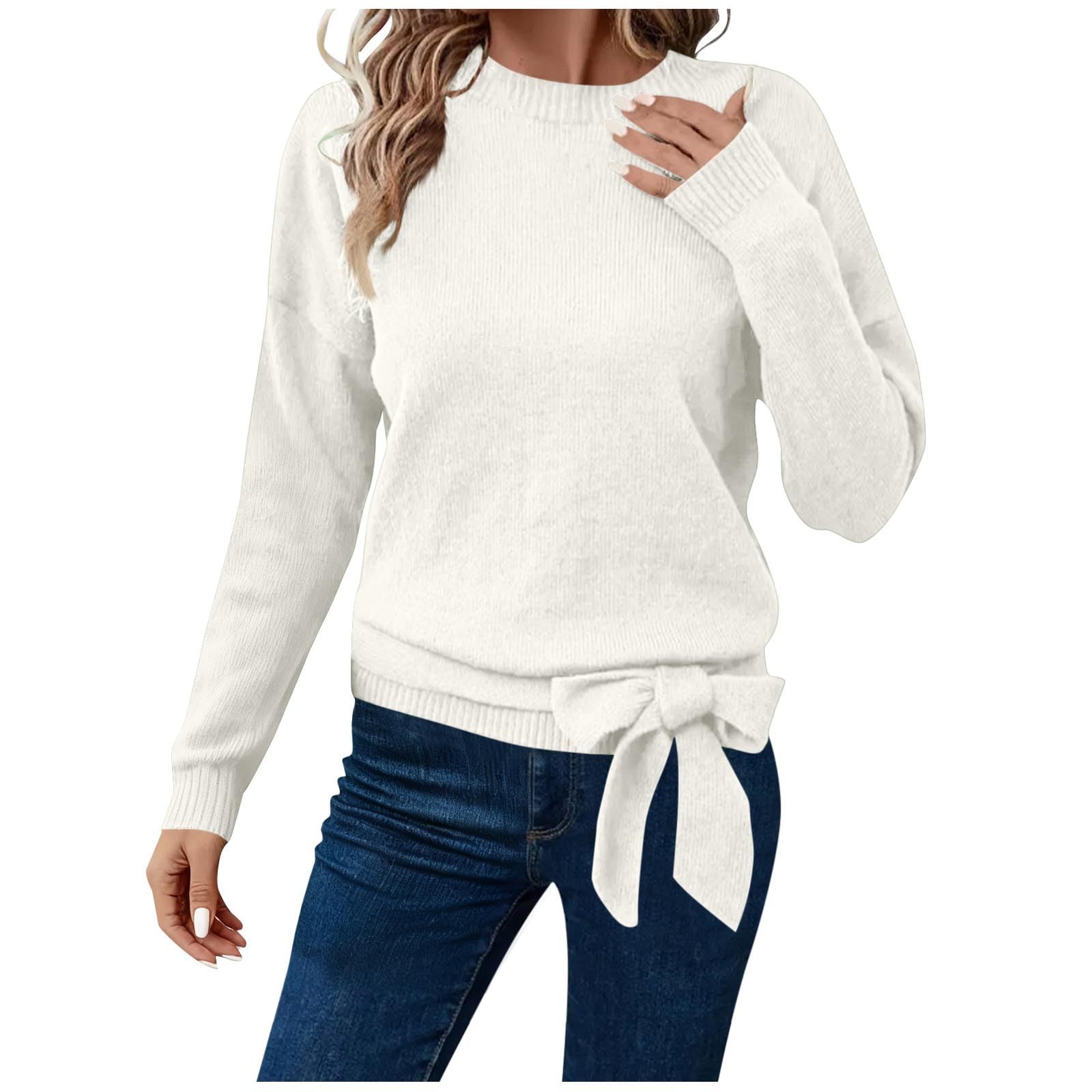 Womens Long Sleeve Cropped Sweaters Casual Knit Pullover Tie Front Crew Neck Tops Fall Outfits Fashion Clothes