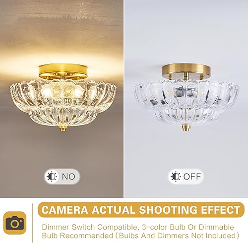 Miniatura 4 de Lámpara de techo semiempotrada dorada moderna de mediados de siglo, 3 luces de cristal de flores cerca del techo, accesorios de iluminación para