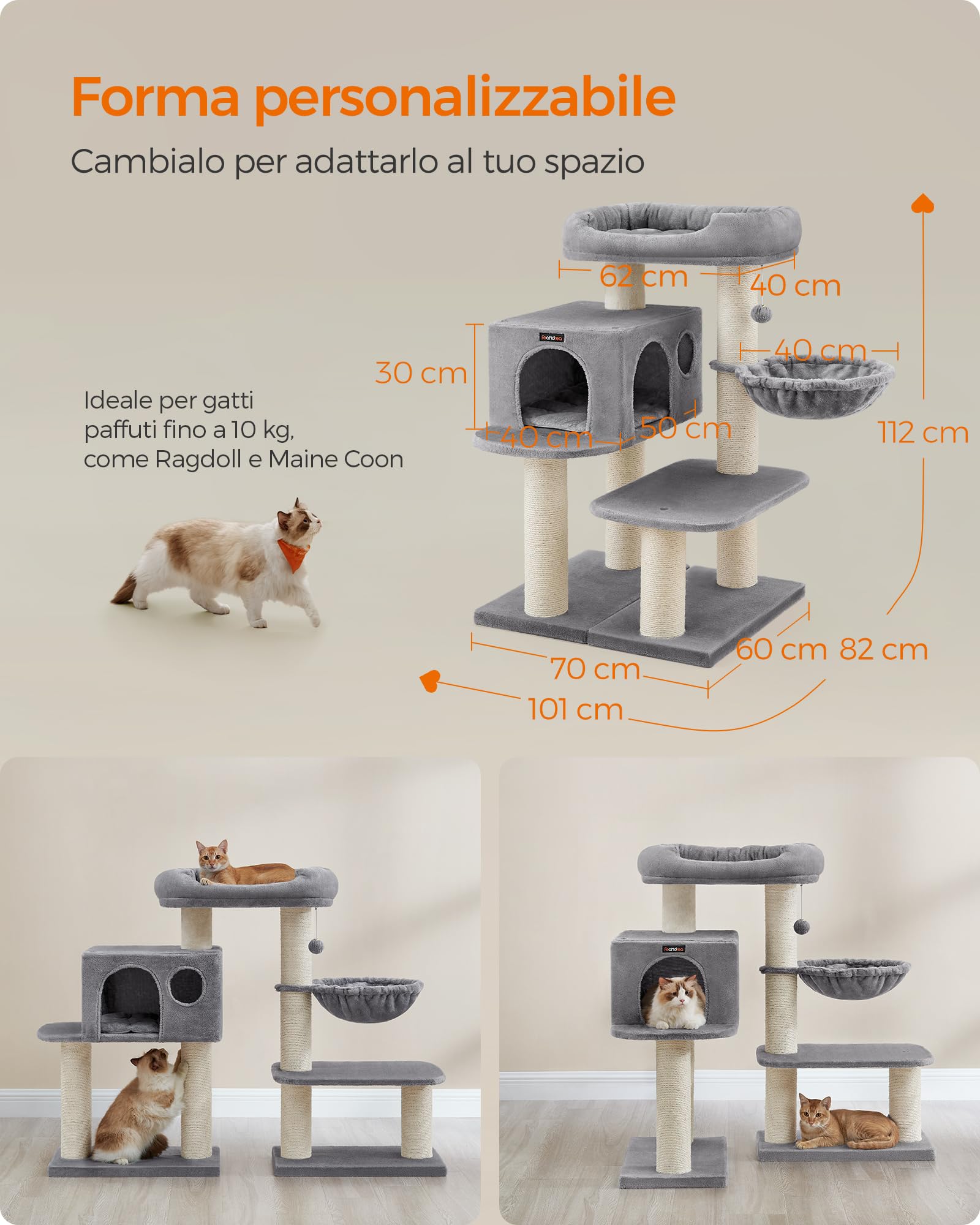 FEANDREA Tiragraffi, Albero per Gatti con Piazzola XXL in Peluche, Ampia Casetta e Cuccia Rotonda, unità Mobile, Spesse Colonne Completamente Rivestite in Corda Sisal, Stabile, Grigio Chiaro PCT01W