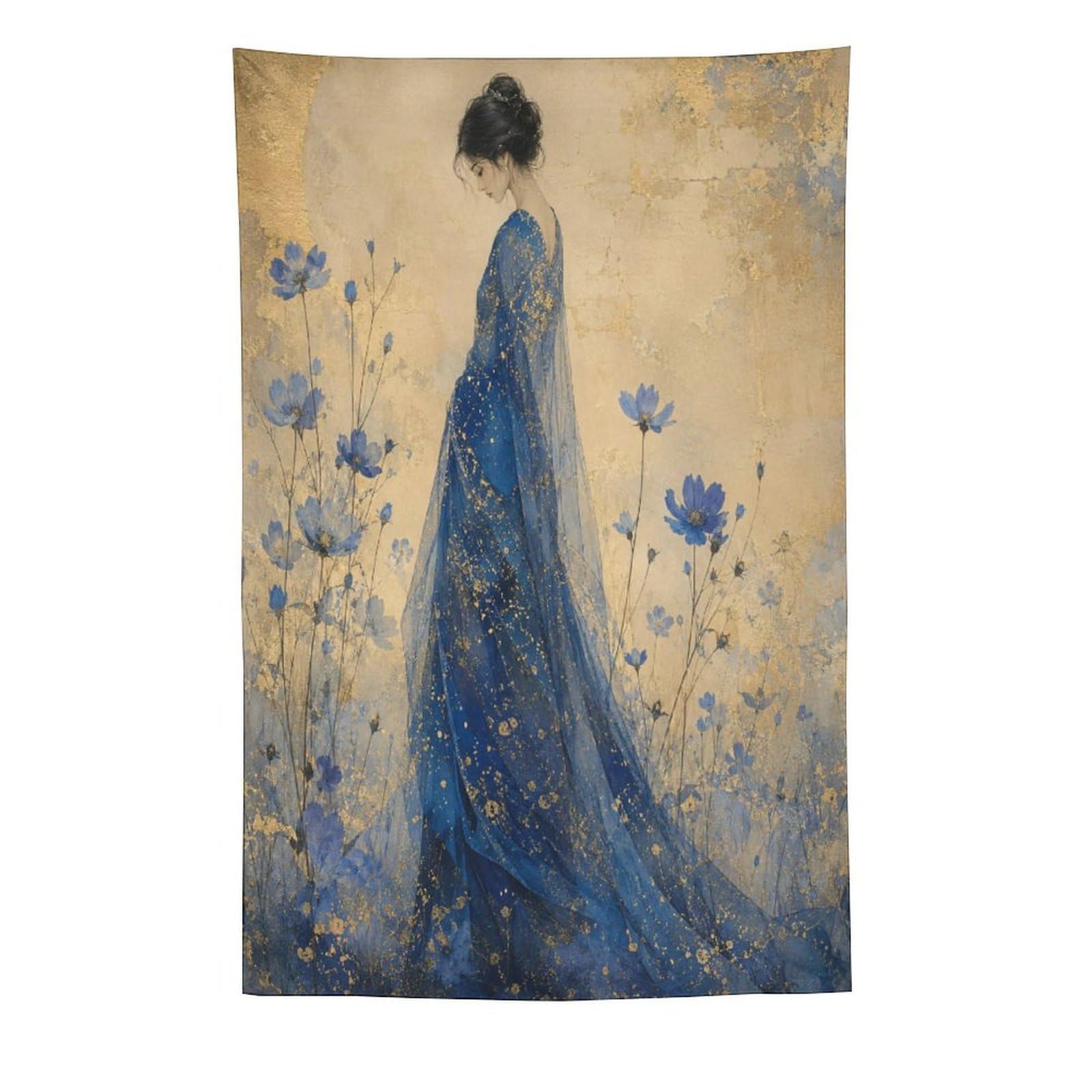 W7C8U2X3 Blue Dress Woman Garden Wall Tapestry, Impressionist Meadow