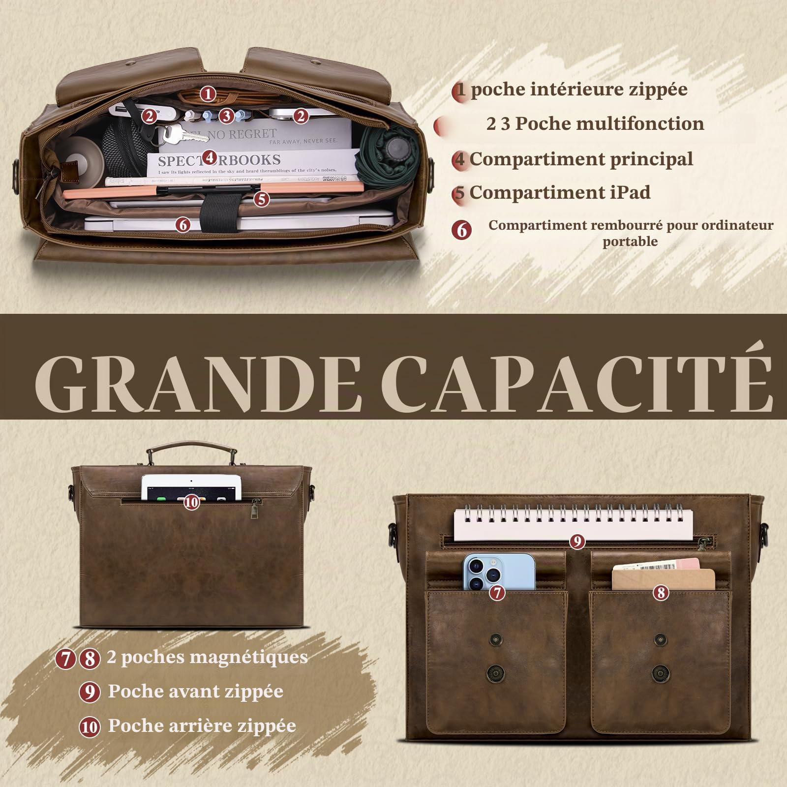 RAINSMORE Sacoche Ordinateur 15.6 Pouces PU Cuir Sac Ordinateur Homme Porte Document Sac Bandoulière Imperméable pour Travail Affaires BrunFoncé