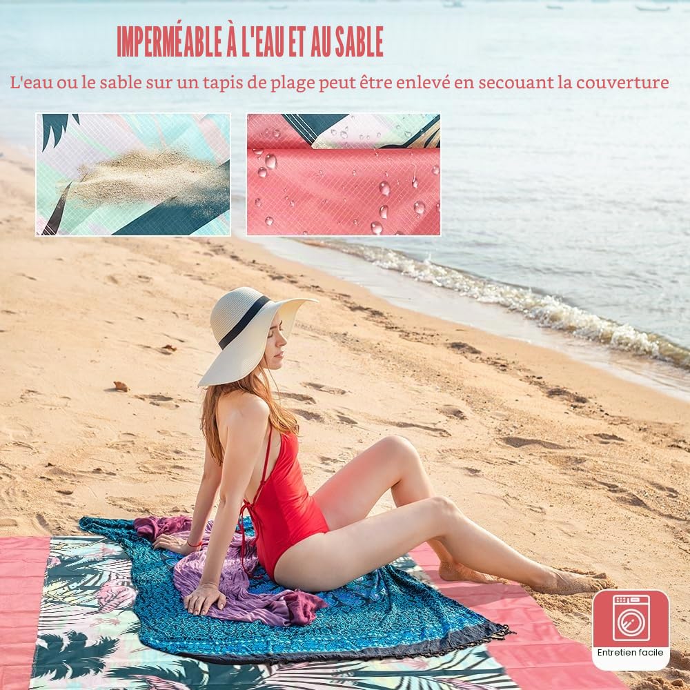 Bseical Tapis de Plage Anti-Sable 280x300cm Couverture Pique Nique Imperméable & Lavable Natte de Plage Grande Taille pour Voyage, Camping, Plage, Jardin-Sac de Transport Inclus