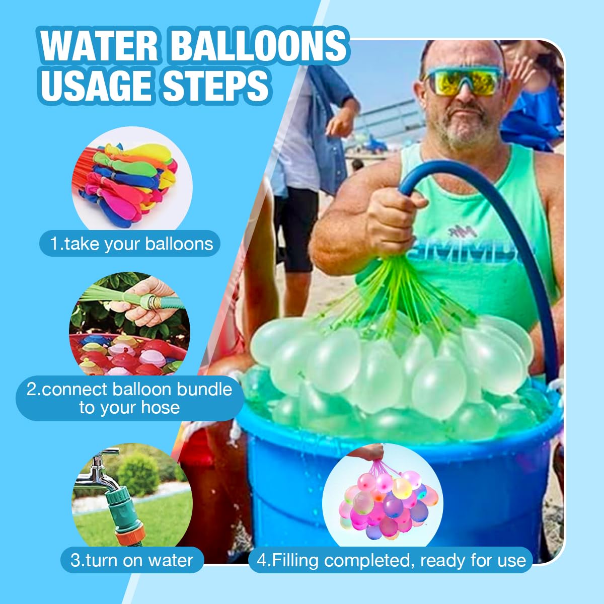 999 Palloncini Acqua Autosigillanti a Riempimento Rapido 60s,Bombe d'Acqua Colorate per Gavettoni e Giochi Estivi all'Aperto in Giardino e Piscina, Set Maxi con 2 Adattatori per Rubinetto