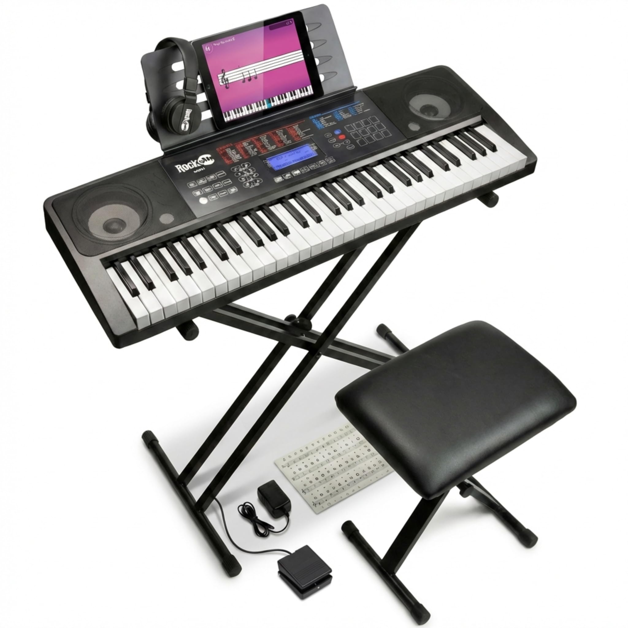 RJ761 61 Key Keyboard Piano with Keyboard Bench, Digital Piano Stool, Sustain Pedal, Headphones & Lessons