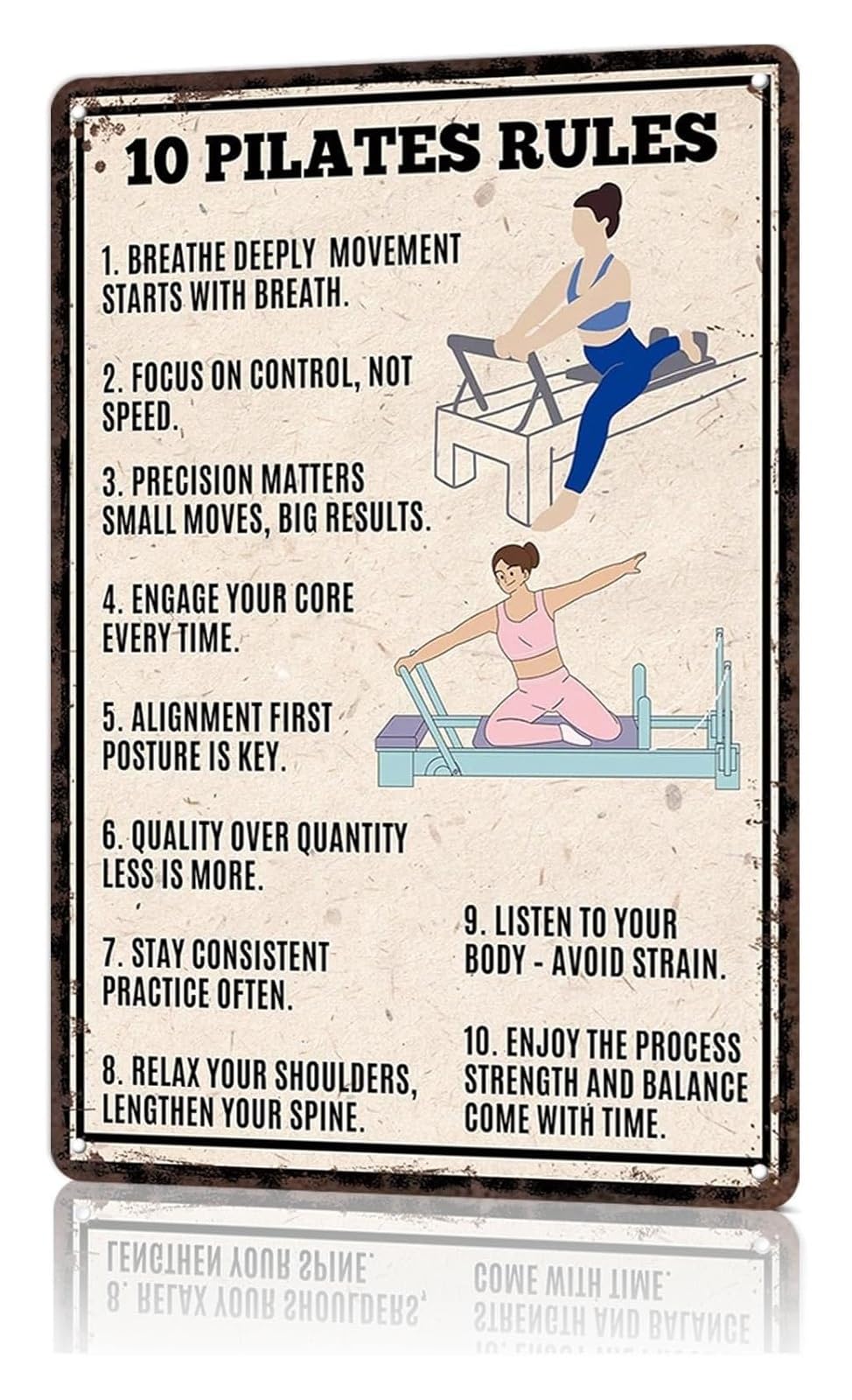 EKFBQBGW Funny Vintage Metal Sign 10 Pilates Rules Tin Wall-Art for Fitness Room Home Gym Yoga Studio Workout Motivational Decor 8 X 12 in
