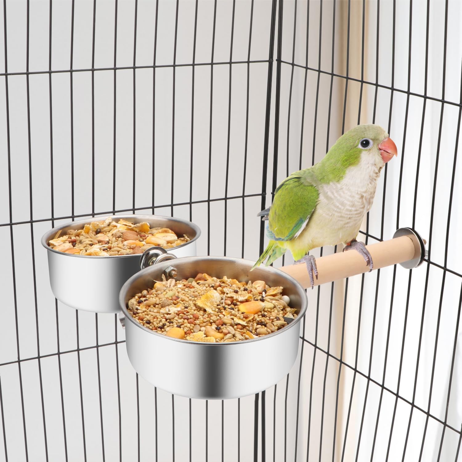 Bird Wood Stand Perch with Food Water Feeding Bowl for Parrot Parakeet Cockatiel Cage Accessories (B: Perch with 2 Feeder Bowls) - image 2