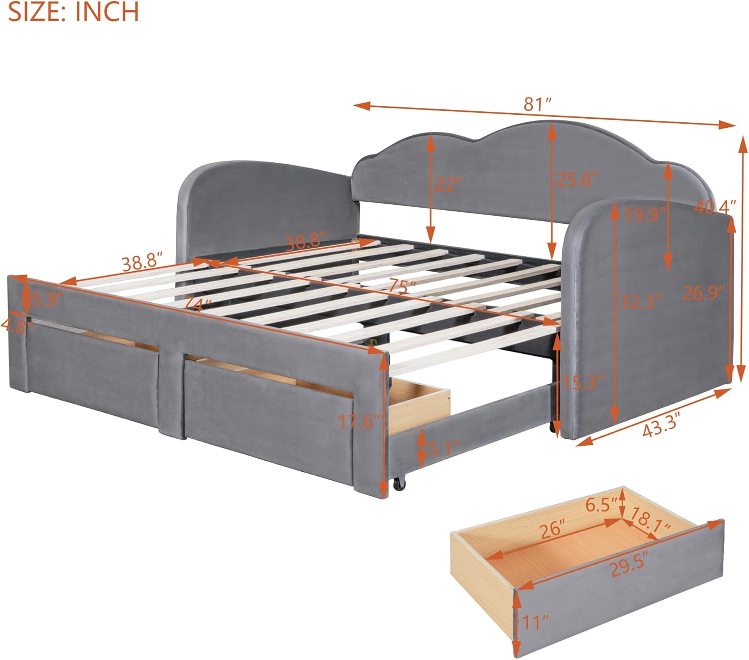 Elegant Twin to King Size Upholstered Daybed with Extendable Trundle and 2 Drawers, Velvet Upholstery Daybed Sofa Bed with Cloud-Shaped Backrest, Maximize Space (Grey-VL)