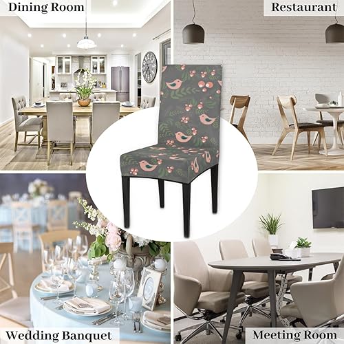 Miniatura 6 de Juego de 2 fundas para sillas de comedor con diseño de pájaros de jardín, color rosa y verde, fundas elásticas para sillas Parson para proteger para