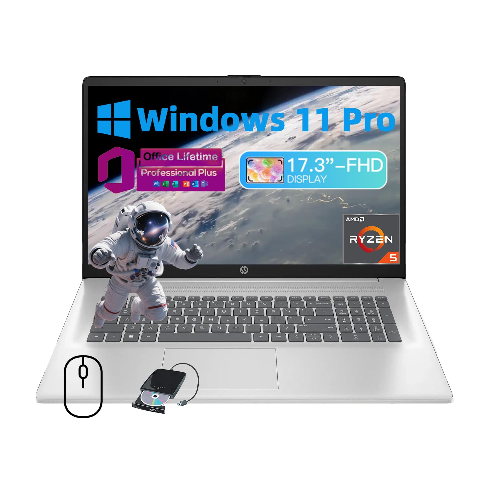 hp 17.3'' FHD Business and Student Laptop | AMD Ryzen 5-7430U (6-core)| External DVD Drive | 64GB RAM |2TB SSD| MS Office Lifetime License | WIFI6 & PCIe 3.0 | Win11 Pro | Nature Silver