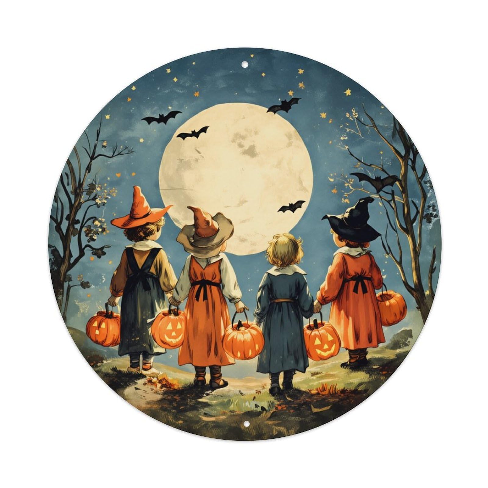 Halloween Children Moon Bats Pumpkins Round Tin Sign Vintage Metal Poster, Home Bar Garage Man Cave Cafe Indoor & Outdoor Wall Decoration 8x8Inches