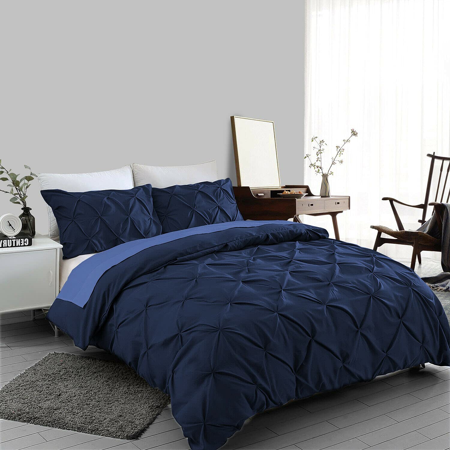 LJ Pinch Pleat Pintuck Diamonds Style Duvet Cover Sets Quilt Cover Sets Cotton Rich Alford Bedding Sets With Pillowcases (Navy, Double)