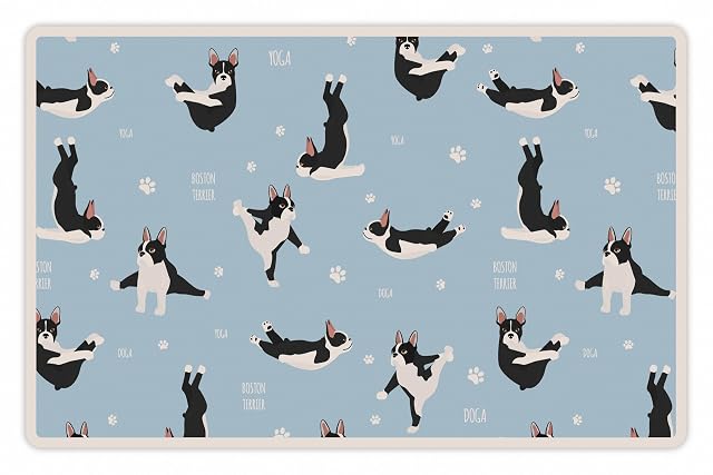 Foto 2 de 3 de VINILIKO Design - Alfombrilla Impermeable Vinílica para comedero de Mascota, Boston Terrier Yoga 48x75 cm