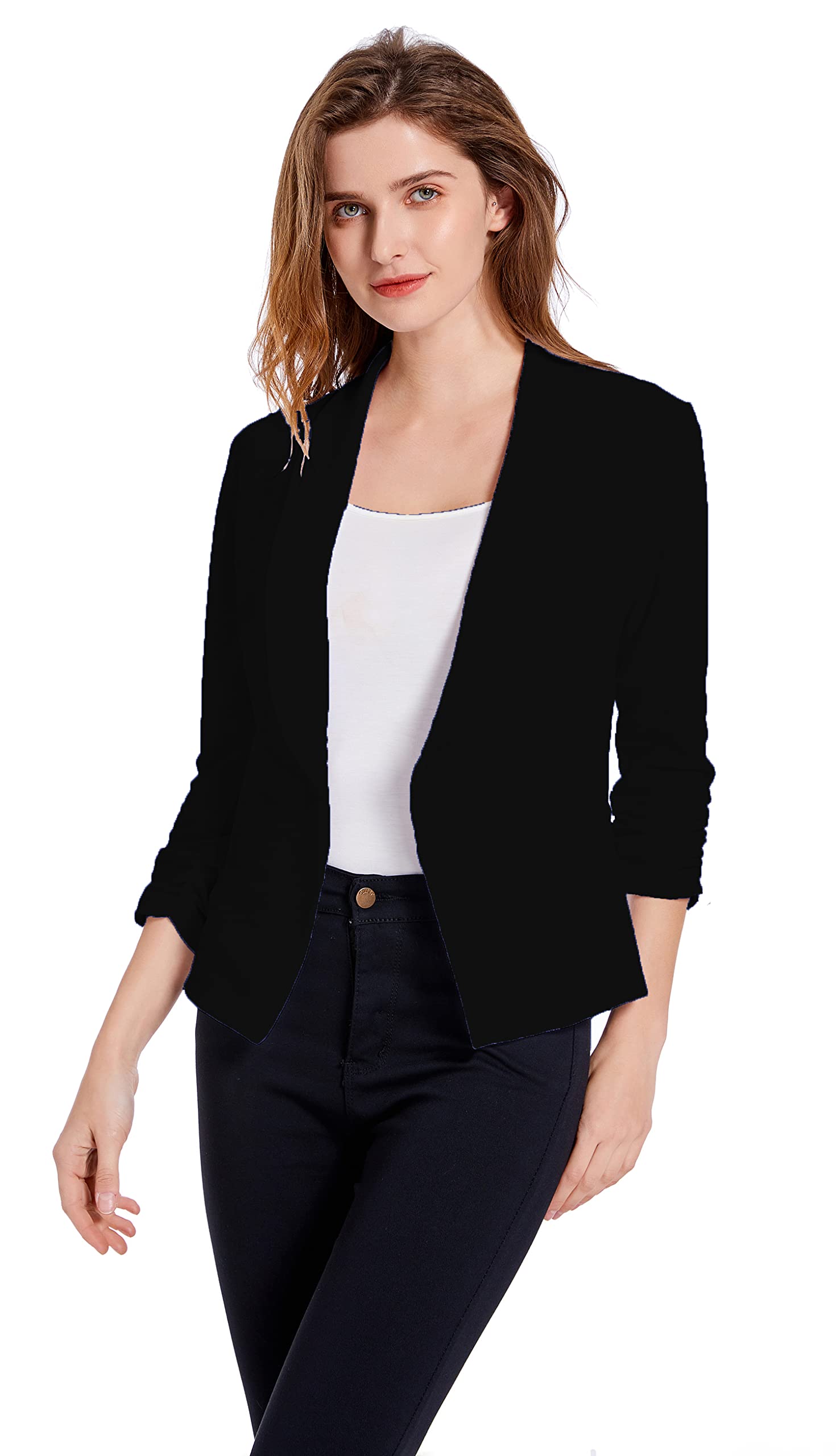 Womens Soft Stretchy Lightweight Cardigan Blazer One Button 3 4 Ruched Sleeve Business Casual Blazer Jackets