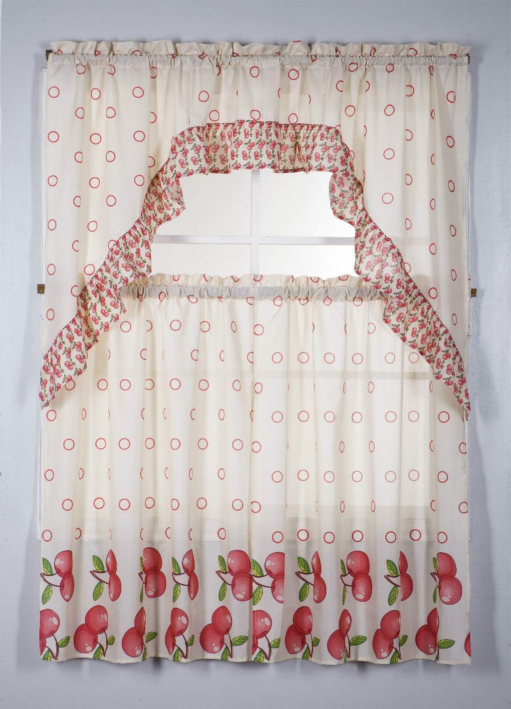 3PC Kitchen Window Curtain Set Printed Design,Set Includes 2 Tiers and 1 Valance Available in Multiple Designs (Apple)