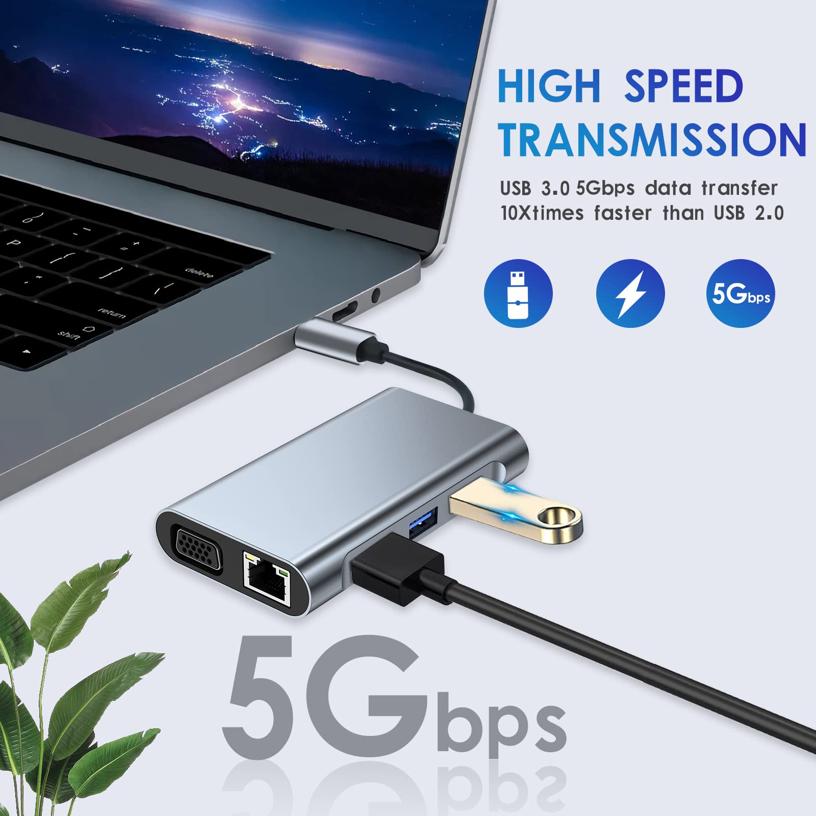Adaptador multipuerto USB C 3.0 7 en 1 con 4 K, HDMI, VGA, 100 W PD y RJ45 Ethernet, estación de Acoplamiento, Compatible con MacBook Pro & Air USB C Dispositivos Tipo C