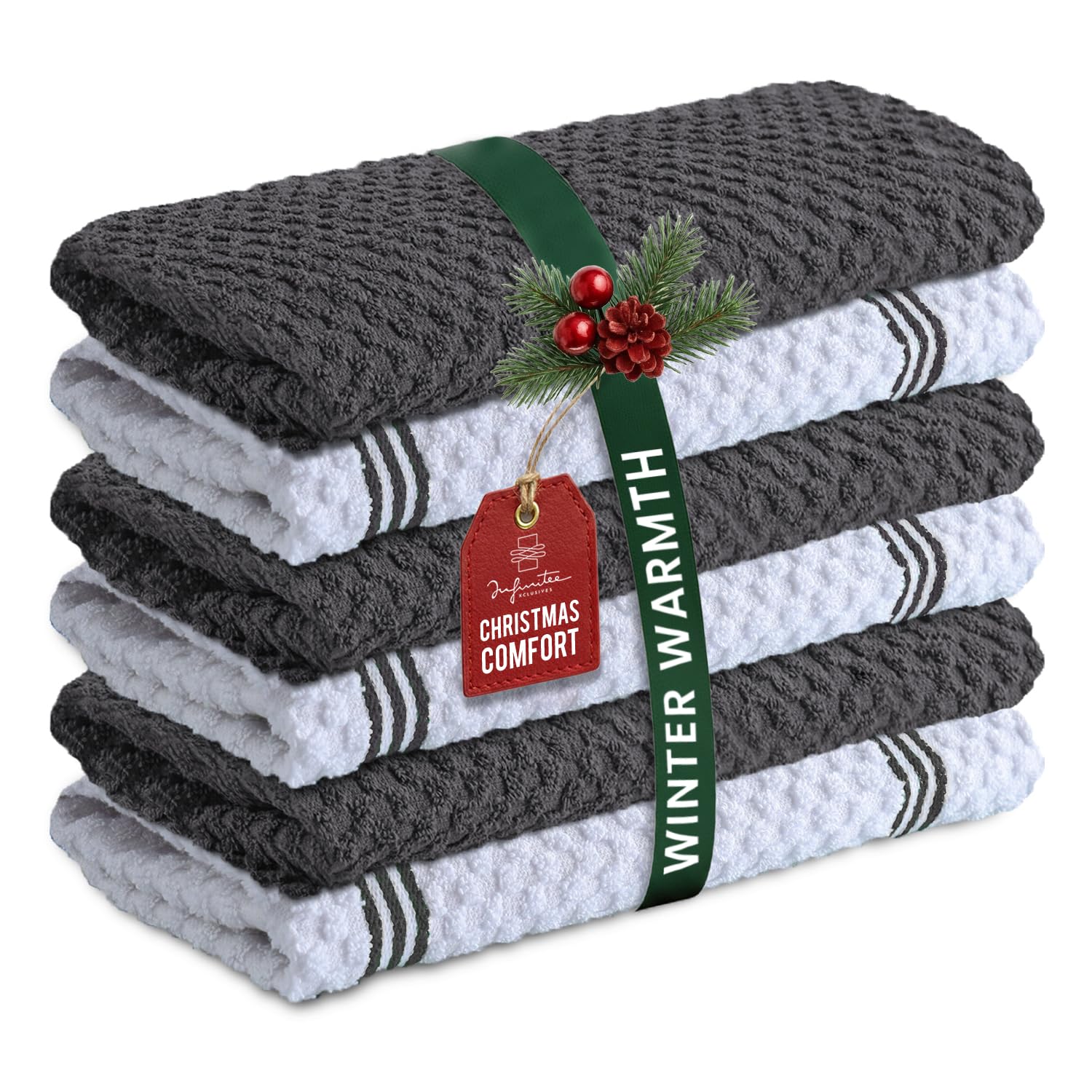 Infinitee Xclusives Premium Kitchen Towels |Pack of 6| - 100% Cotton (15 x 25 Inches) - Highly Absorbent Terry Dish Towels for Kitchen Linens, Tea Towels and Household Cleaning |Grey|