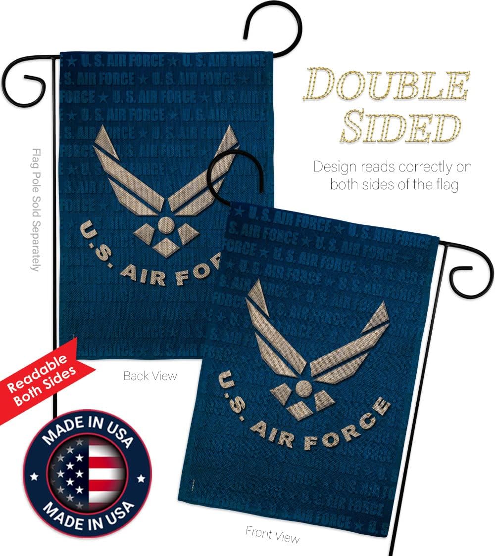 US Air Force Burlap Garden Flag - Set with Stand Armed Forces USAF United State American Military Veteran Retire Official - House Decoration Banner Small Yard Gift Double-Sided Imported 13 X 18.5
