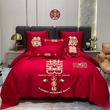 KIRYU Luxury Double Happiness Chinese Wedding Red Bedding Set 100% Cotton Red Wedding Duvet Cover Sets 4 Pieces for Bedroom Decoration C, Queen