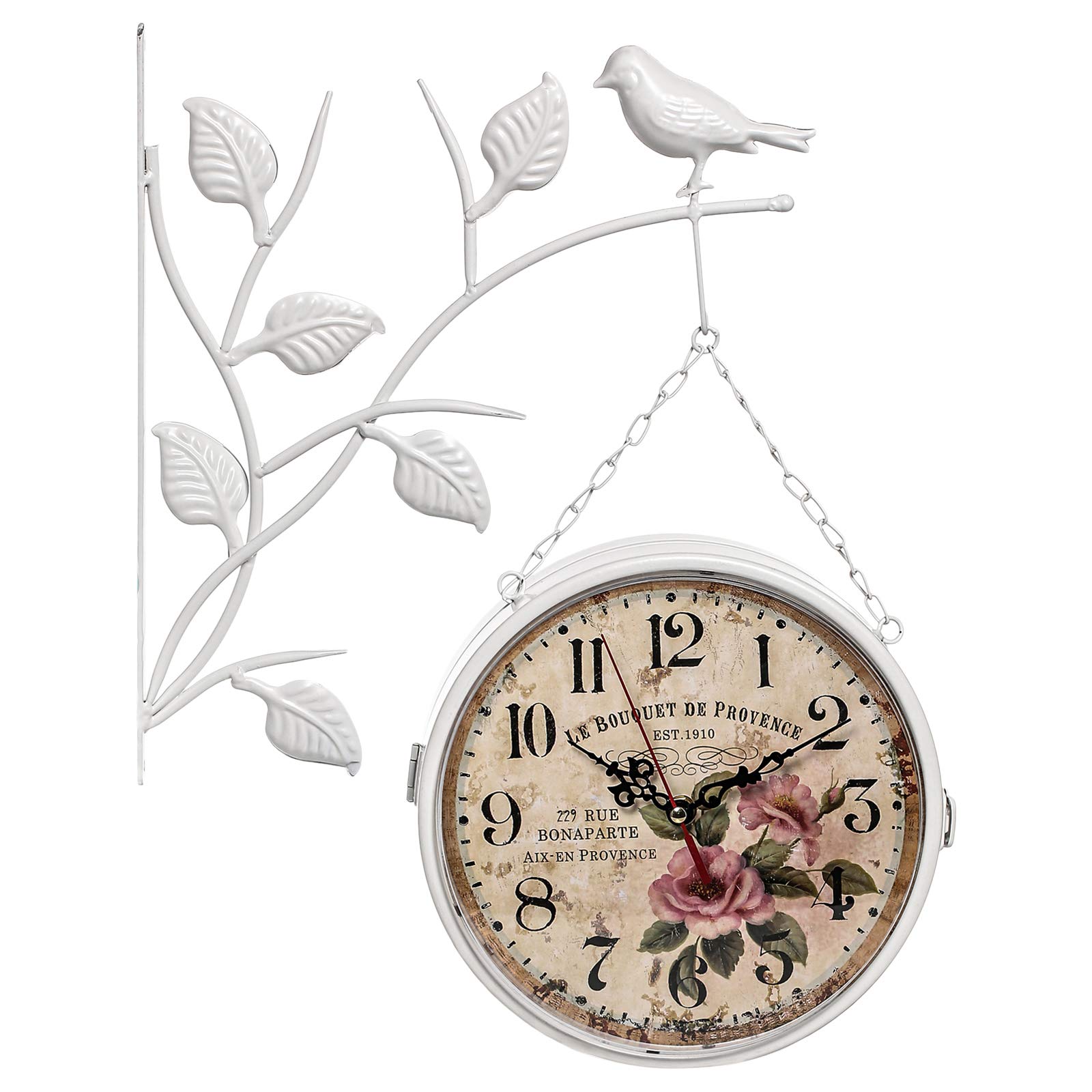 Double Sided Hanging Wall Clock With Bird And Leaves - White