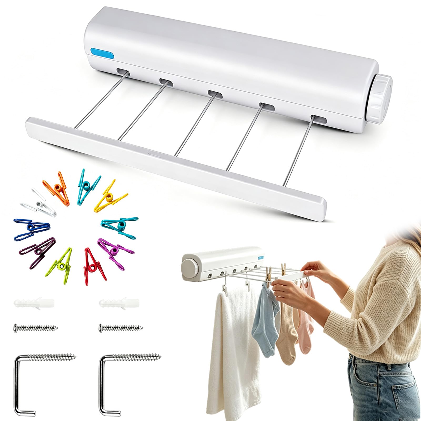 Retractable Multi-Line Clothesline Dryer, 4/5 Retractable Dryer for Indoor Outdoor Laundry Drying Rack Terraces Balconies (5-Line)
