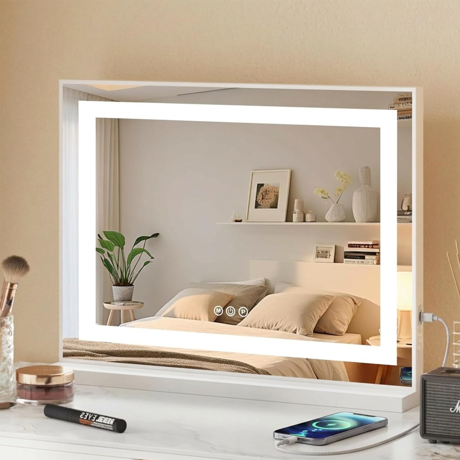 Makeup Mirror with Lighting, 58 x 44 cm, mit 10-facher Vergrößerungslinse, Touch Control, DREI Farbtemperatureinstellungen und Einstellbarer Helligkeit.