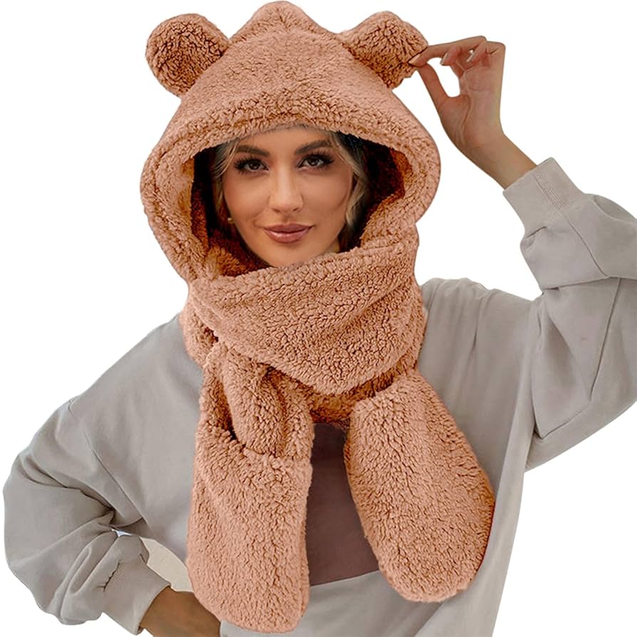 Women's Soft Faux Furry Scarf Hood Solid Bear Ears Scarf