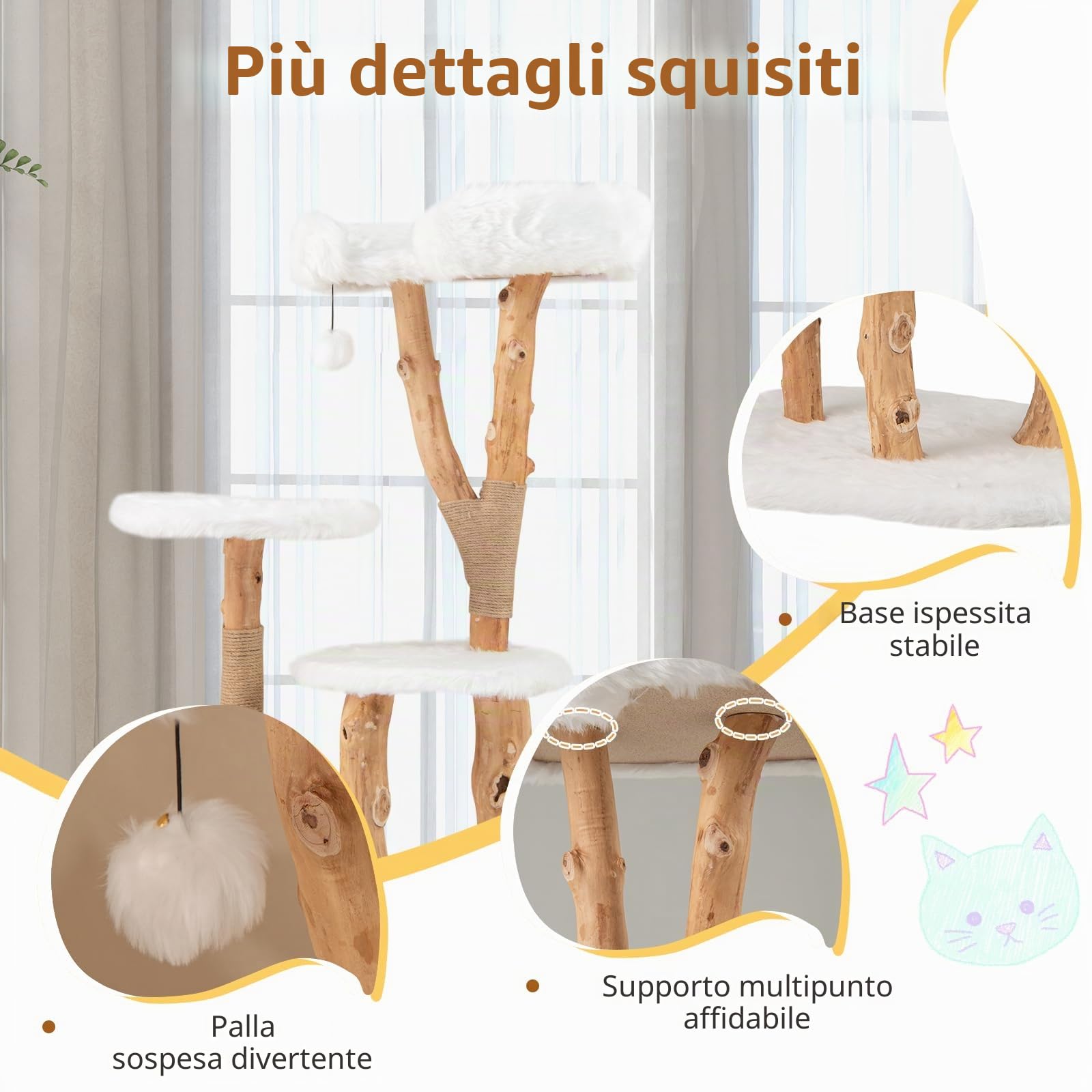 SOARS Tiragraffi per Gatti in Legno, 110 cm con 3 Posatoi in Peluche, 1 Pompon, Corda in Sisal e Tronchi Naturali, Alberi per Gatti Stabile, Bianco