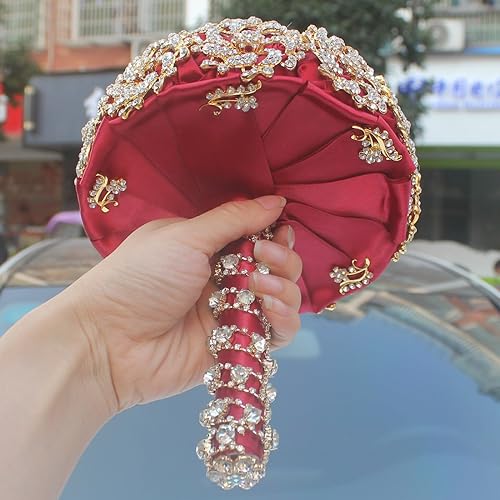 Miniatura 5 de Ramo de boda con diamante artificial de lujo dorado, juego que incluye ramos, flores de muñeca, ramillete para tu boda hecho a mano (dorado + rojo)