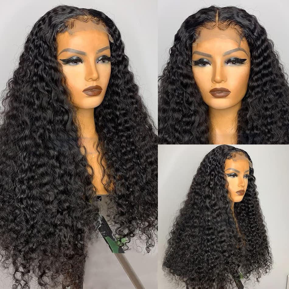 Deep Curly Lace Front Wigs Human Hair 4x4 lace Closure Wigs Brazilian Deep Curly Wigs Human Hair for Black Women Pre Plucked Hairline with Baby Hair Natural Color 16 inch