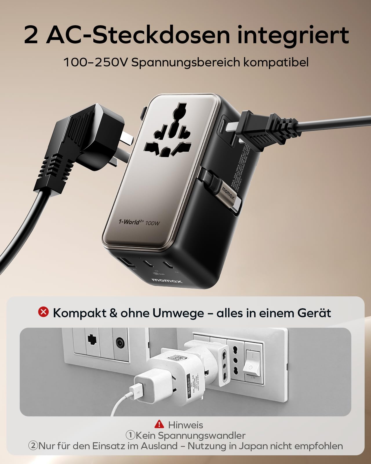 MOMAX 100W Reiseadapter Weltweit mit Ausziehbarem Kabel, Travel Adapter Worldwide mit 2 AC, 3 USB C und 1 USB A, Universal Adapter für Laptops und Handys - Titanium