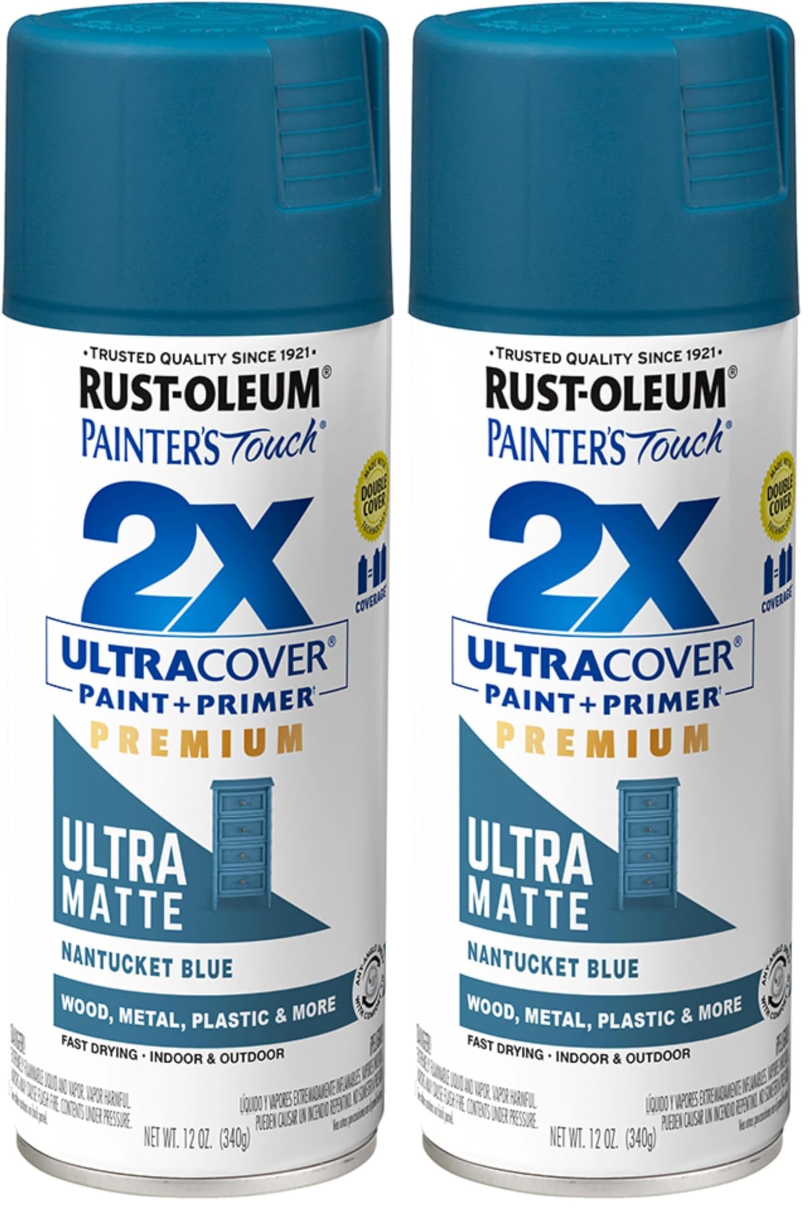 Rust-Oleum 331188 Painter's Touch 2X Ultra Cover Spray Paint, 12 oz, Ultra Matte Nantucket Blue (Pack of 2)