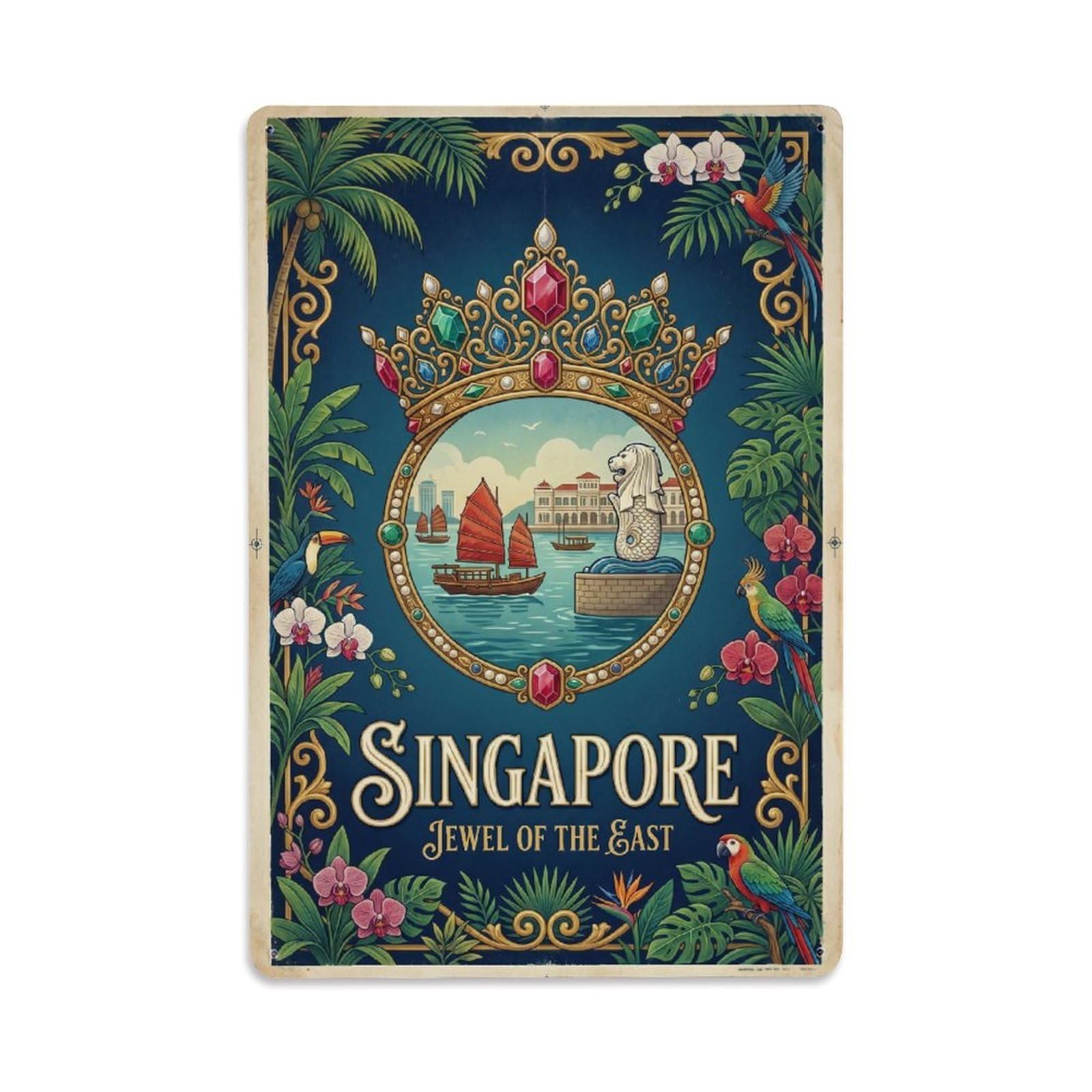 Gead 8X12inch Style Vintage Travel Singapore Jewel Metal Tin Sign