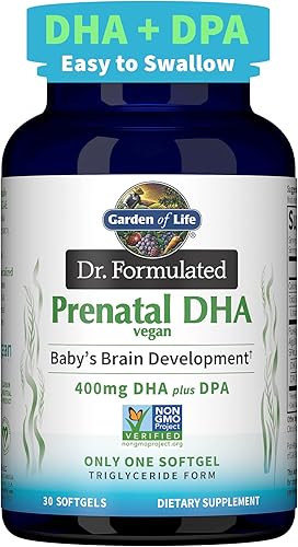 Garden of Life Dr. Formulated Prenatal Vegan DHA – Suplemento vegano Omega 3 con 400 mg de DHA + DPA de Algal Omega 3 en forma de triglicéridos,