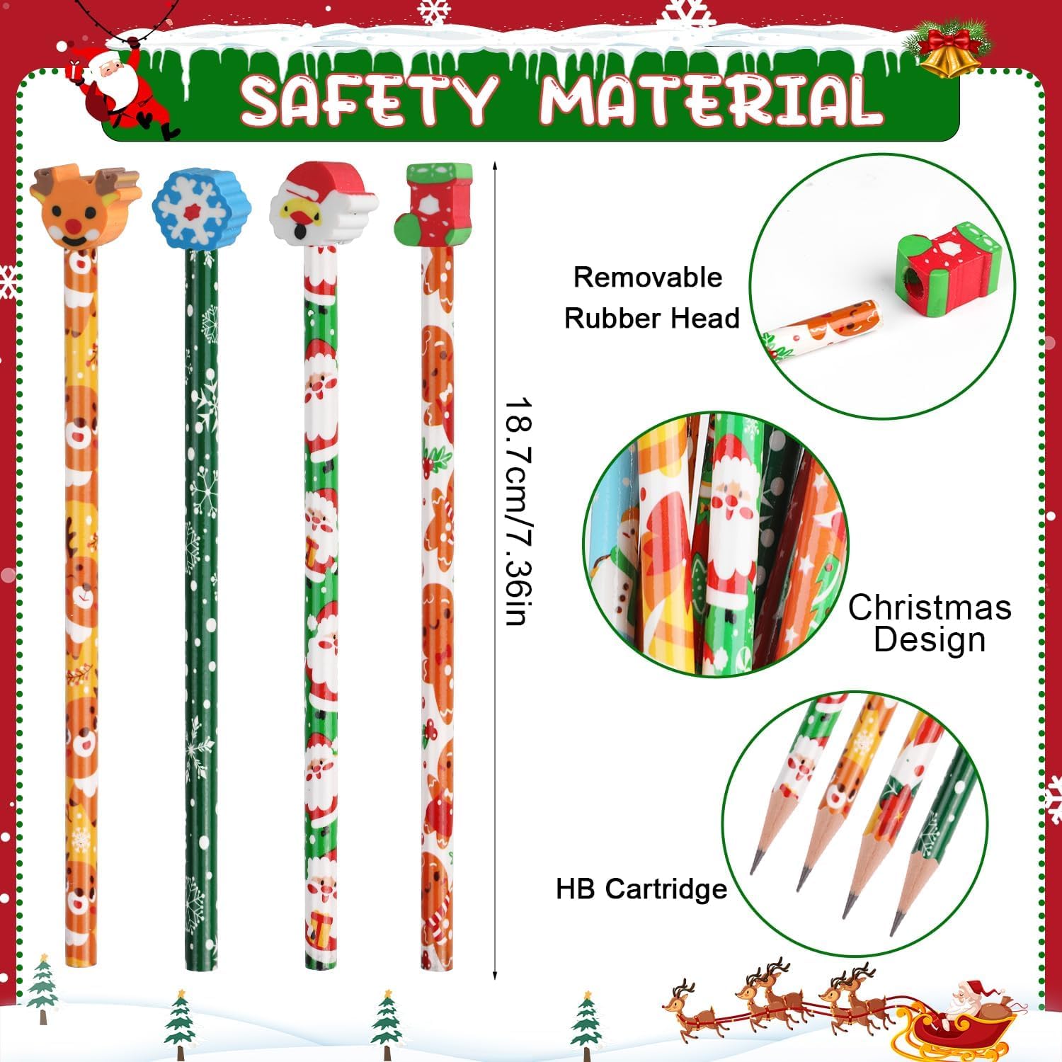 VEYLIN Christmas Pencils, 48 Pack of Xmas Pencils with Erasers Kids Children Holiday Gifts Christmas Classroom Prizes - Image 3