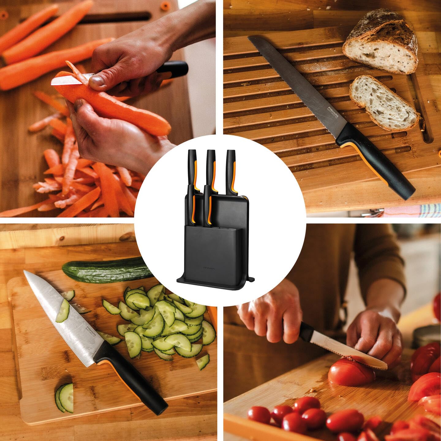 Fiskars Ceppo per Coltelli di Design con 5 Coltelli, Functional Form, Incl. Spelucchino, Coltello per Pomodoro, Coltello Santoku, Coltello da Cucina e per Pane, Plastica, Nero, 1057554
