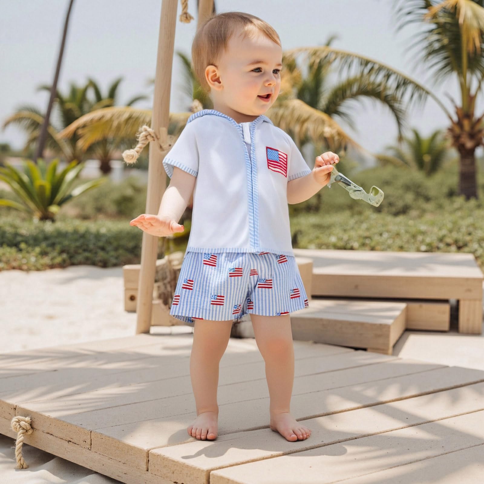 Kids Boy Girl 4th of July Swim Cover Up USA Zipper Hooded Tops American Flag Swim Trunk Beach Bathing Suit (Sky Blue, 2-3 Years)