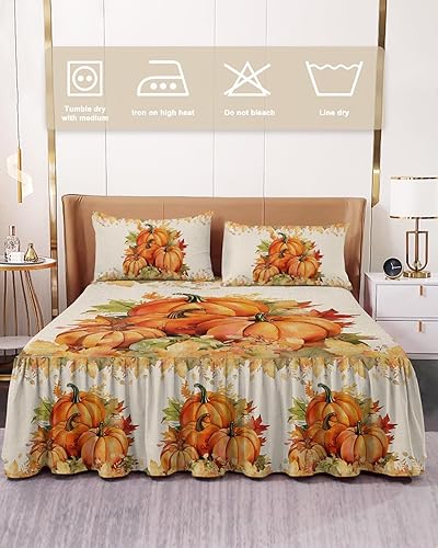 Miniatura 2 de Faldas de cama de calabaza de otoño de Acción de Gracias, tamaño matrimonial de 18 pulgadas de caída, falda de cama envolvente, con volantes, colcha