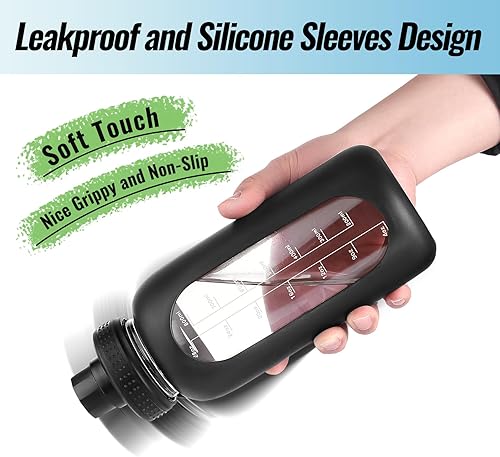 Miniatura 4 de Botella de agua de vidrio de 32 onzas con popote y asa, frasco de agua motivacional deportivo con funda de silicona, taza grande a prueba de fugas