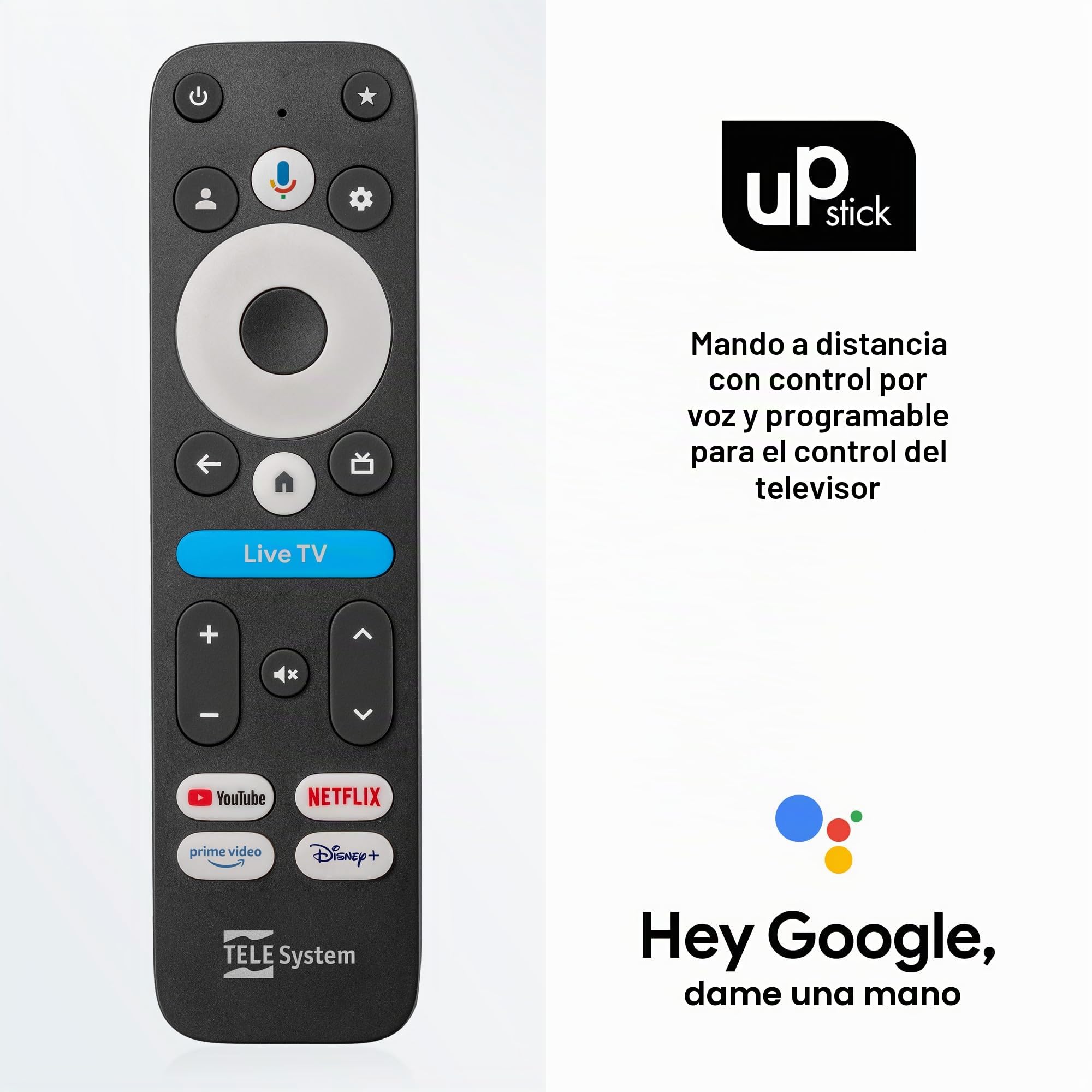 TELE System UP Stick Google TV 4K UHD HDMI,Wi-Fi de doble banda,Dolby Vision/Atmos,Asistente de Google,32 GB,HDR10+,mando a distancia con control por voz 2 en 1, streaming de los canales más populares