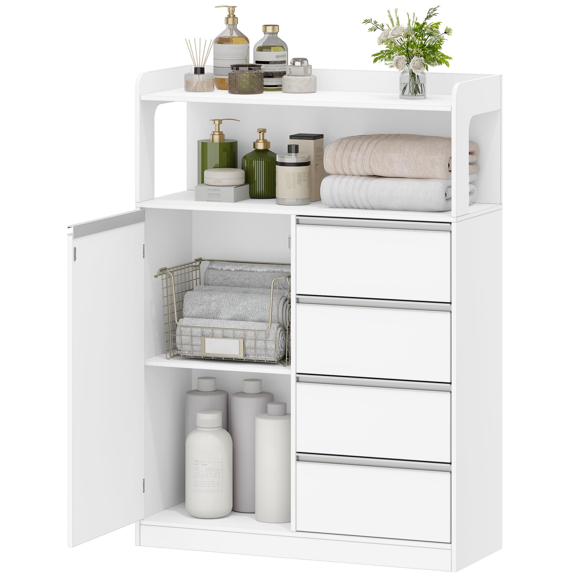 HEXCELEN Mobile da Bagno, Armadietto Autoportante, con 4 Cassetto e Ripiano Regolabile, Armadietto da Salvaspazio con Cassetto Spazioso, per Bagno, Soggiorno, Corridoio, Bianco, 30 x 80 x 110 cm