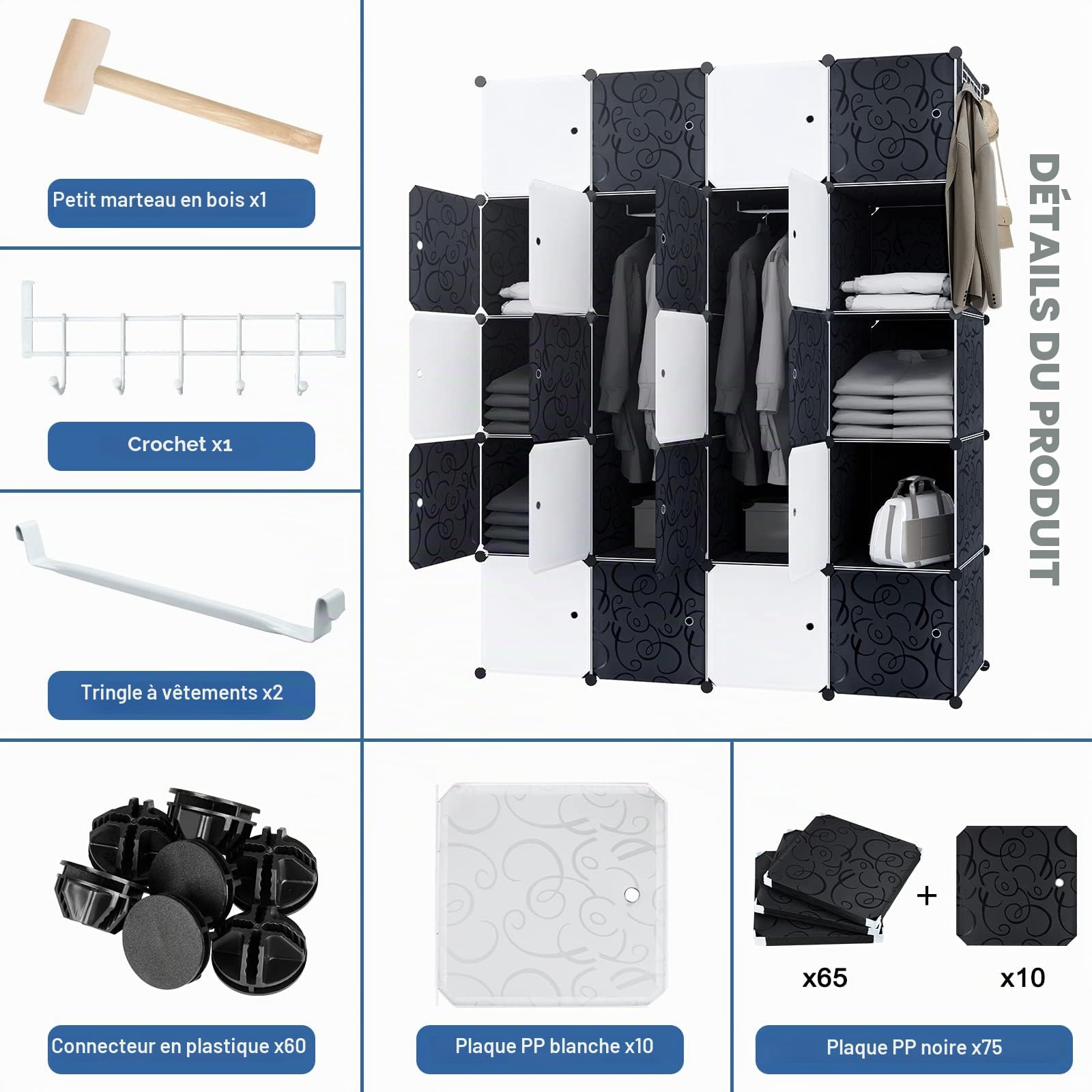 YRHome Système d'étagères DIY - Armoire avec porte - Système d'étagères enfichables - Noir et blanc (20 boîtes avec armoire)