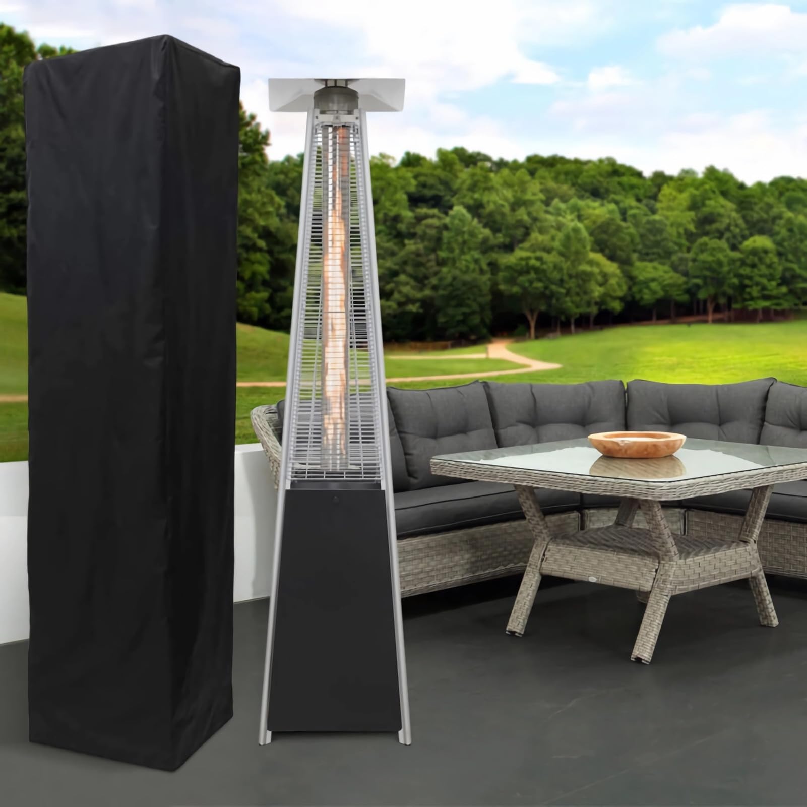 Heizstrahler Abdeckung, Atmungsaktives Oxford Schutzhülle für Terrassenheizer, Wasserdicht Heizpilz Abdeckhaube, für Pyramidenförmigen Freistehenden Terrassenheizstrahler Schwarz (221x61x53cm)