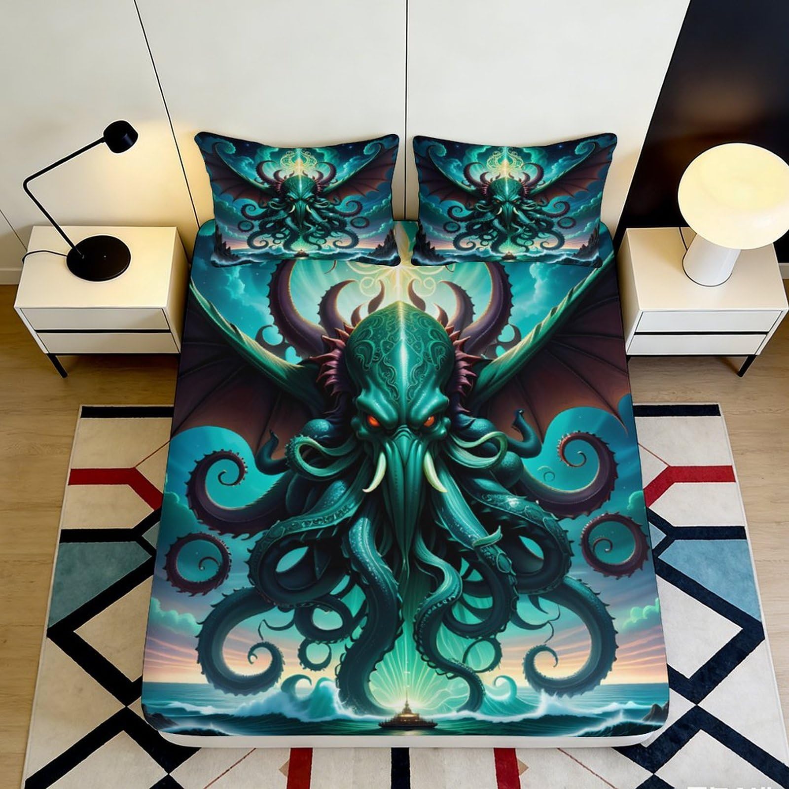 3D Printed Cthulhu Fantasy Fitted Sheet Microfiber Soft Breathable Gothic Octopus Bed Cover for Bedroom Decor 90x200x25cm